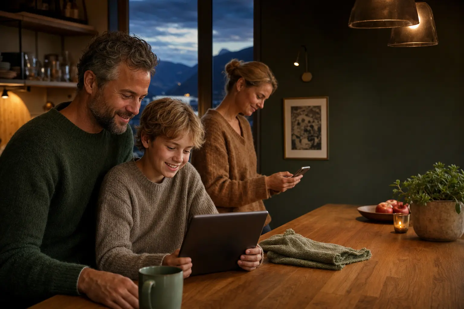 Familie bruker nettbrett og mobil hjemme med ARX Secure-beskyttelse